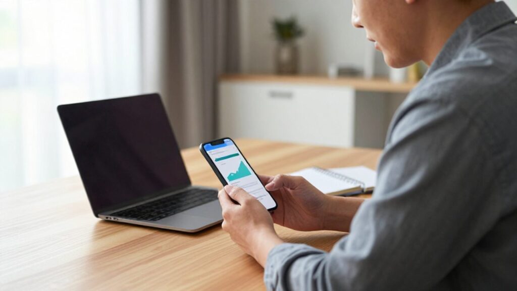 Persona sentada en un escritorio con un smartphone que muestra el aumento de un límite crediticio.