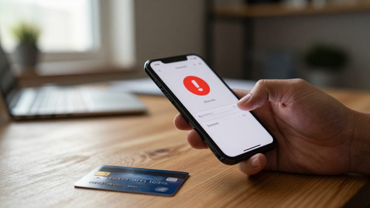 Manos sosteniendo un teléfono con una alerta roja de banca móvil junto a una tarjeta de crédito.