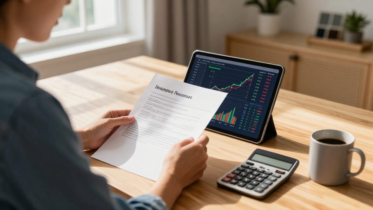 Persona relajada revisando documentos de seguros y gráficos financieros en un escritorio iluminado.