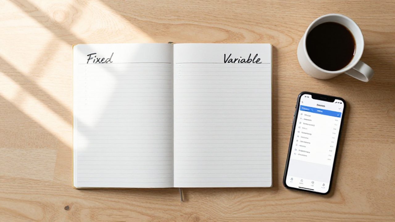 Escritorio de madera con un planificador de presupuesto manuscrito, un móvil y una taza de café.