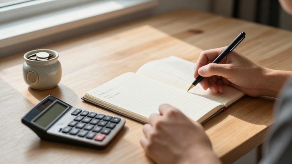 Manos organizando un cuaderno contable