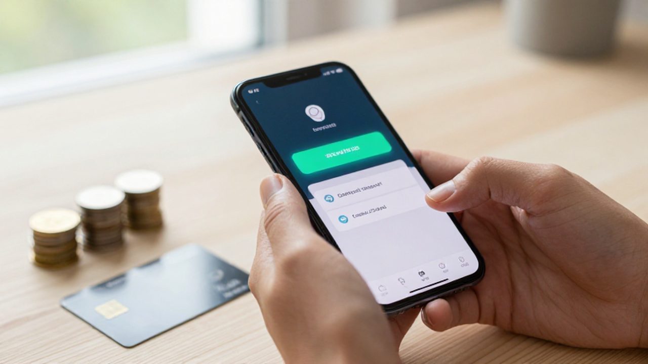 Manos sosteniendo un smartphone con una notificación de depósito de dinero junto a monedas y una tarjeta.