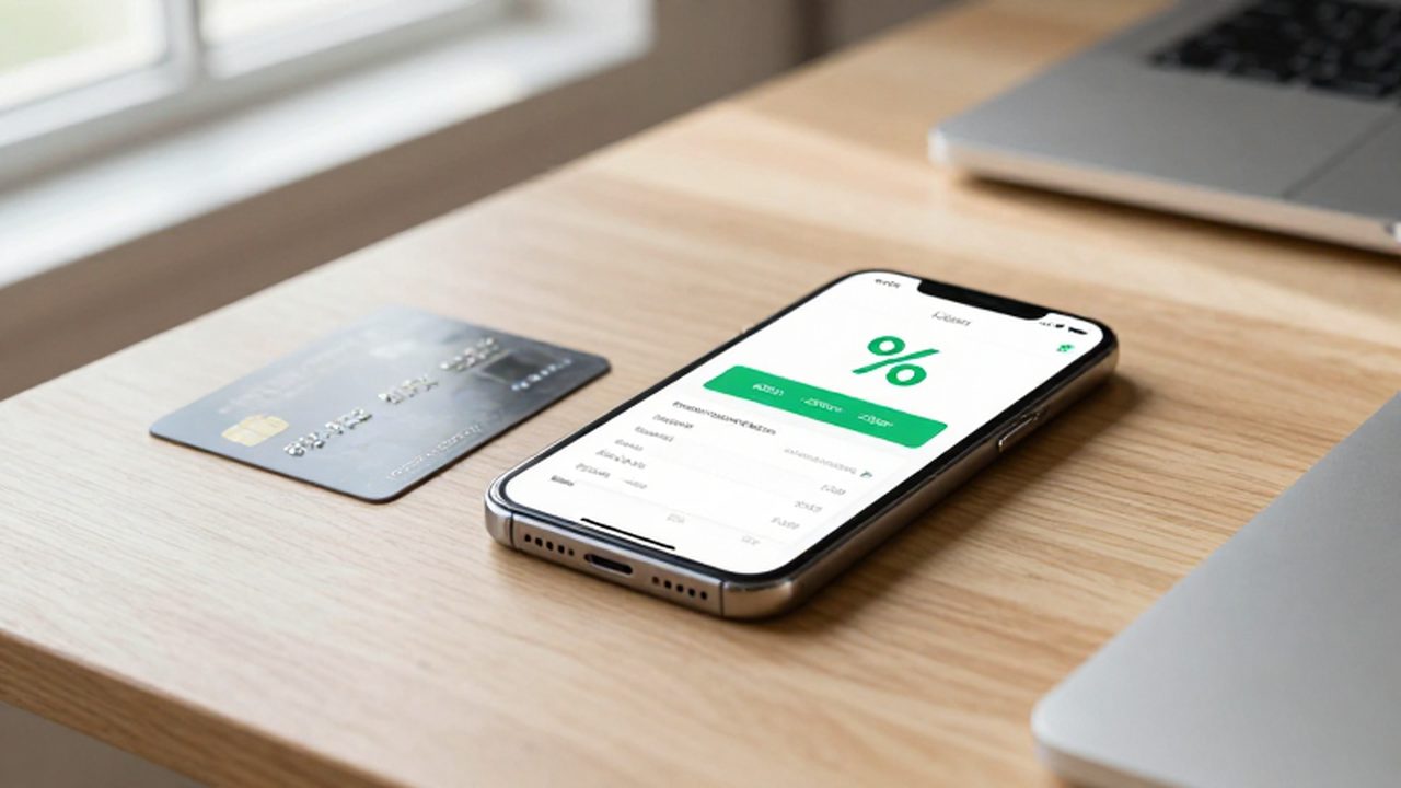 Smartphone con una billetera digital y notificaciones de recompensas junto a una tarjeta de crédito sobre un escritorio de madera.