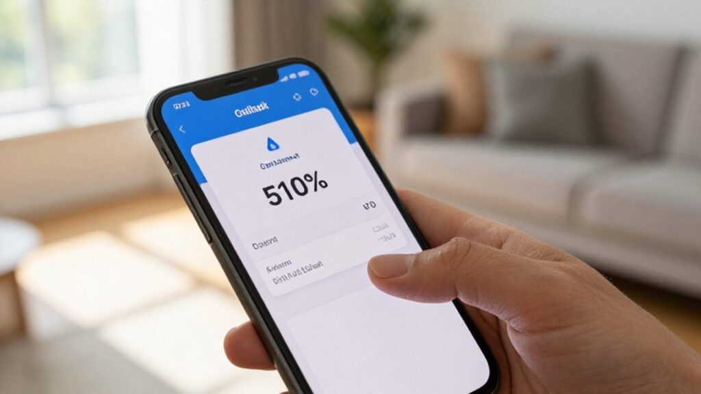 Mano de una persona tocando la pantalla de un smartphone con una notificación de cashback.