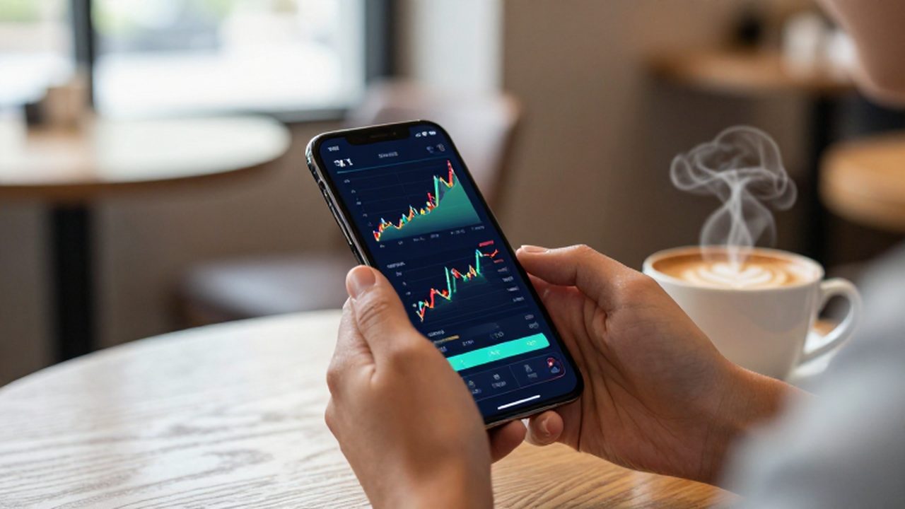 Manos sosteniendo un smartphone con gráficos financieros junto a un café en una mesa de madera.