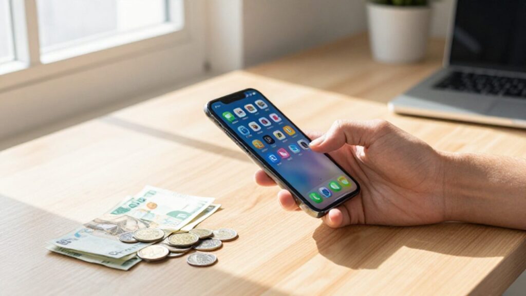 Manos sosteniendo un smartphone junto a billetes y monedas sobre un escritorio de madera.