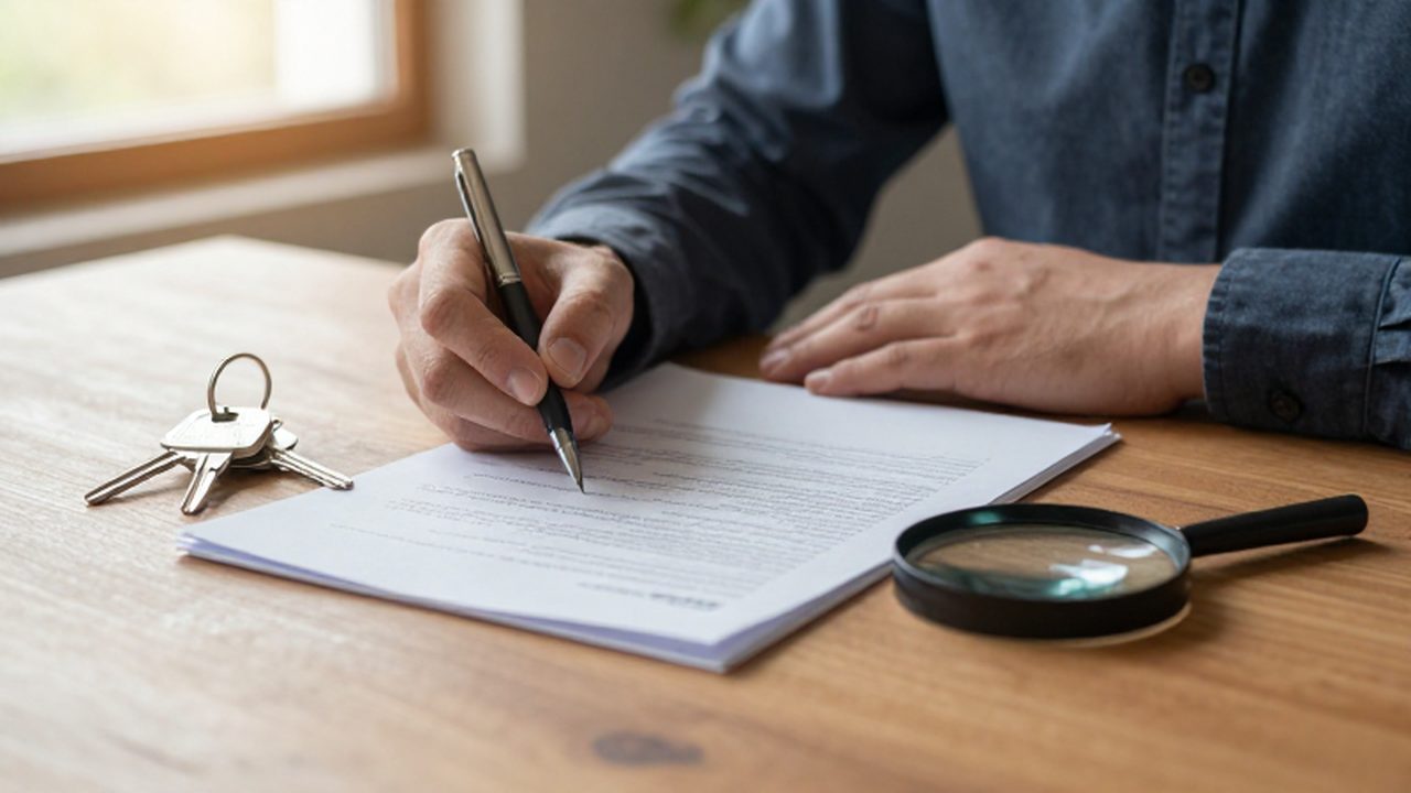 Manos sujetando un bolígrafo sobre documentos legales, llaves de casa y una lupa en una mesa de madera.