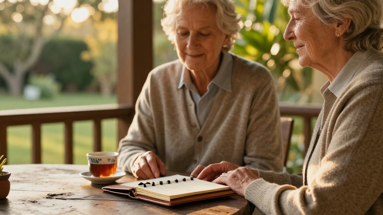 Pareja de ancianos sonrientes sentados en un porche con una taza de té y una agenda financiera.