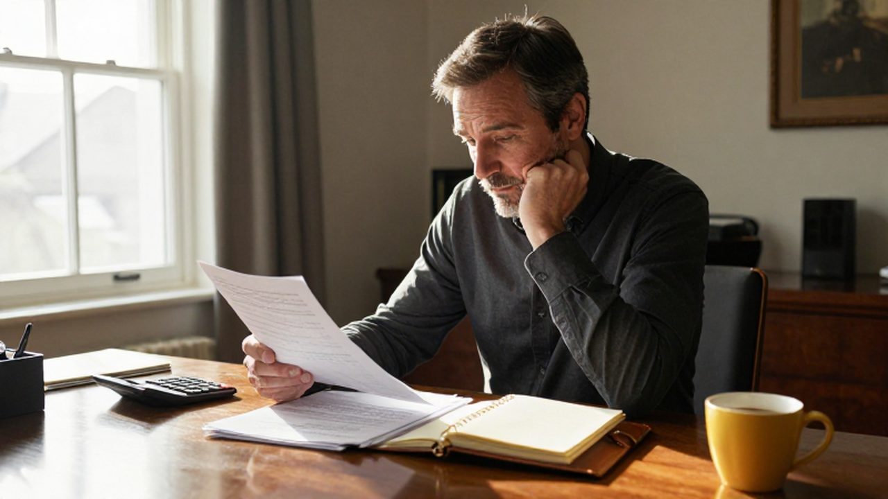 Hombre de mediana edad analizando documentos financieros con duda frente a su escritorio.