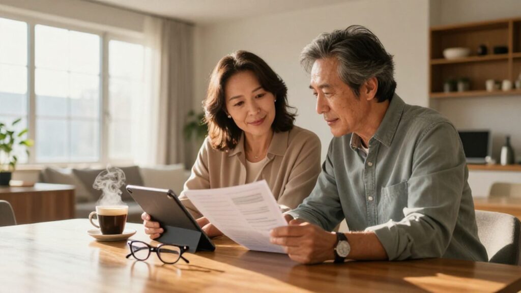 Pareja madura revisando documentos financieros y una tableta en una luminosa mesa de madera.