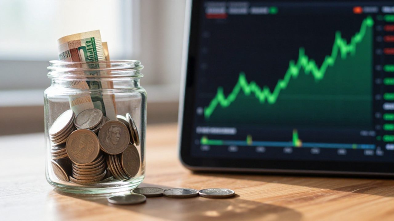 Frasco con monedas y billetes junto a una tableta con gráficos de crecimiento financiero.
