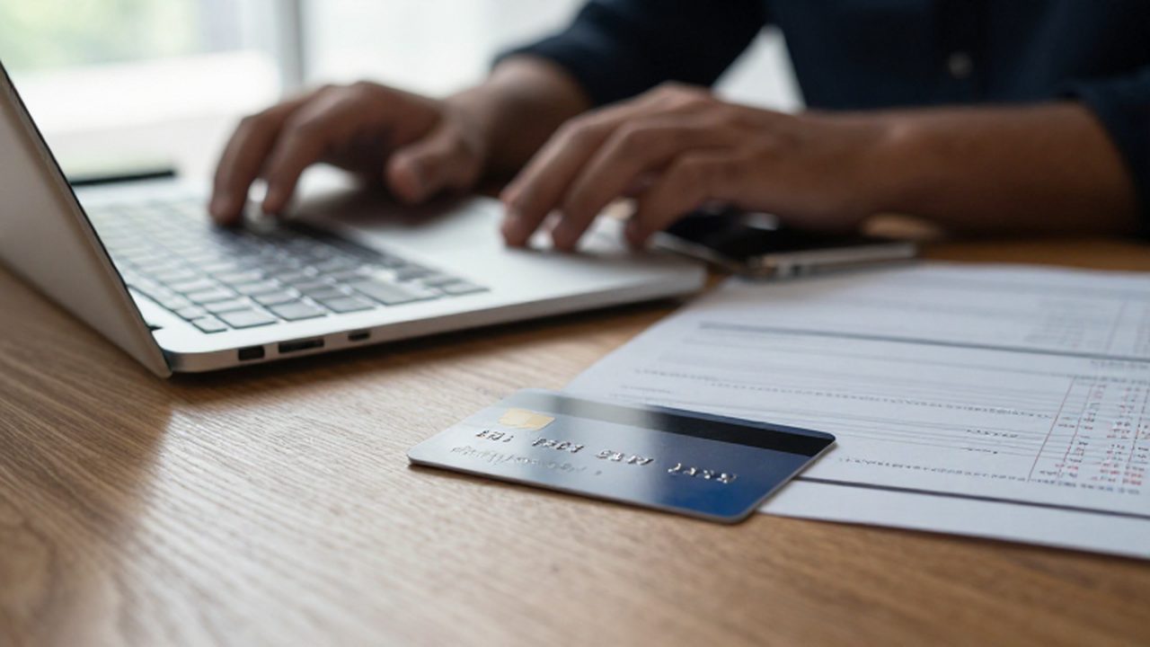 Manos sobre un portátil y un móvil junto a una tarjeta de crédito y extractos bancarios.