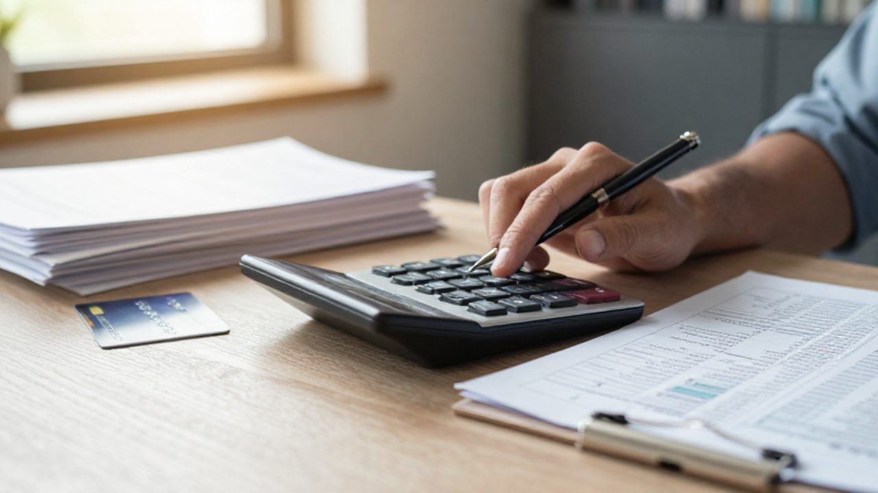 Manos usando una calculadora y un bolígrafo sobre documentos financieros en un escritorio de madera.