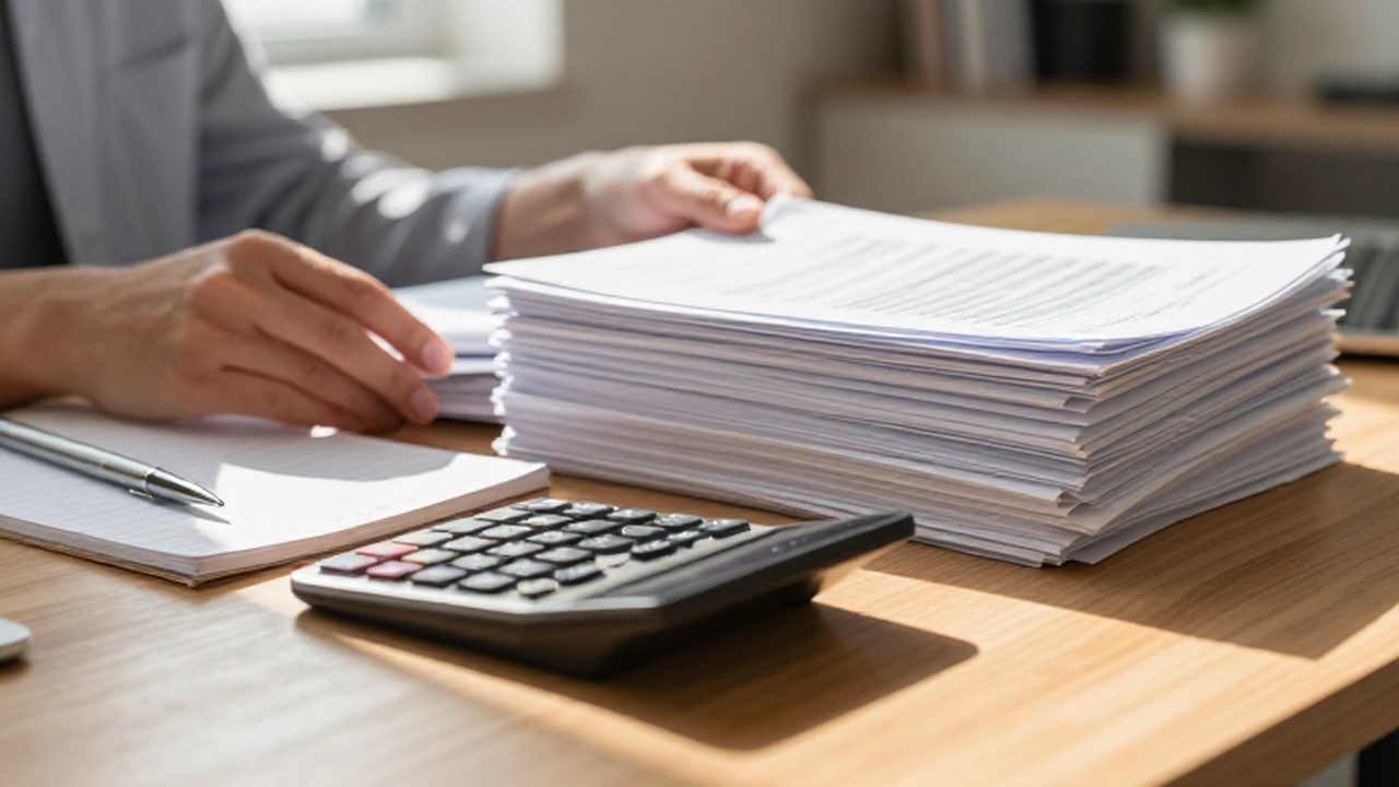 Manos organizando documentos financieros y una calculadora sobre un escritorio de madera iluminado por el sol.