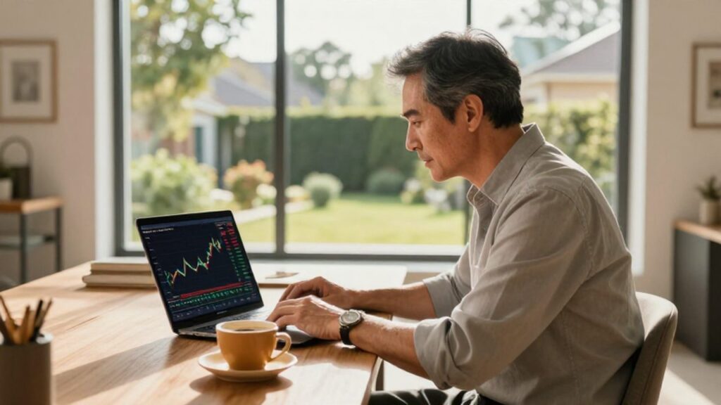 Hombre de mediana edad concentrado frente a un portátil con gráficos financieros en su oficina luminosa.