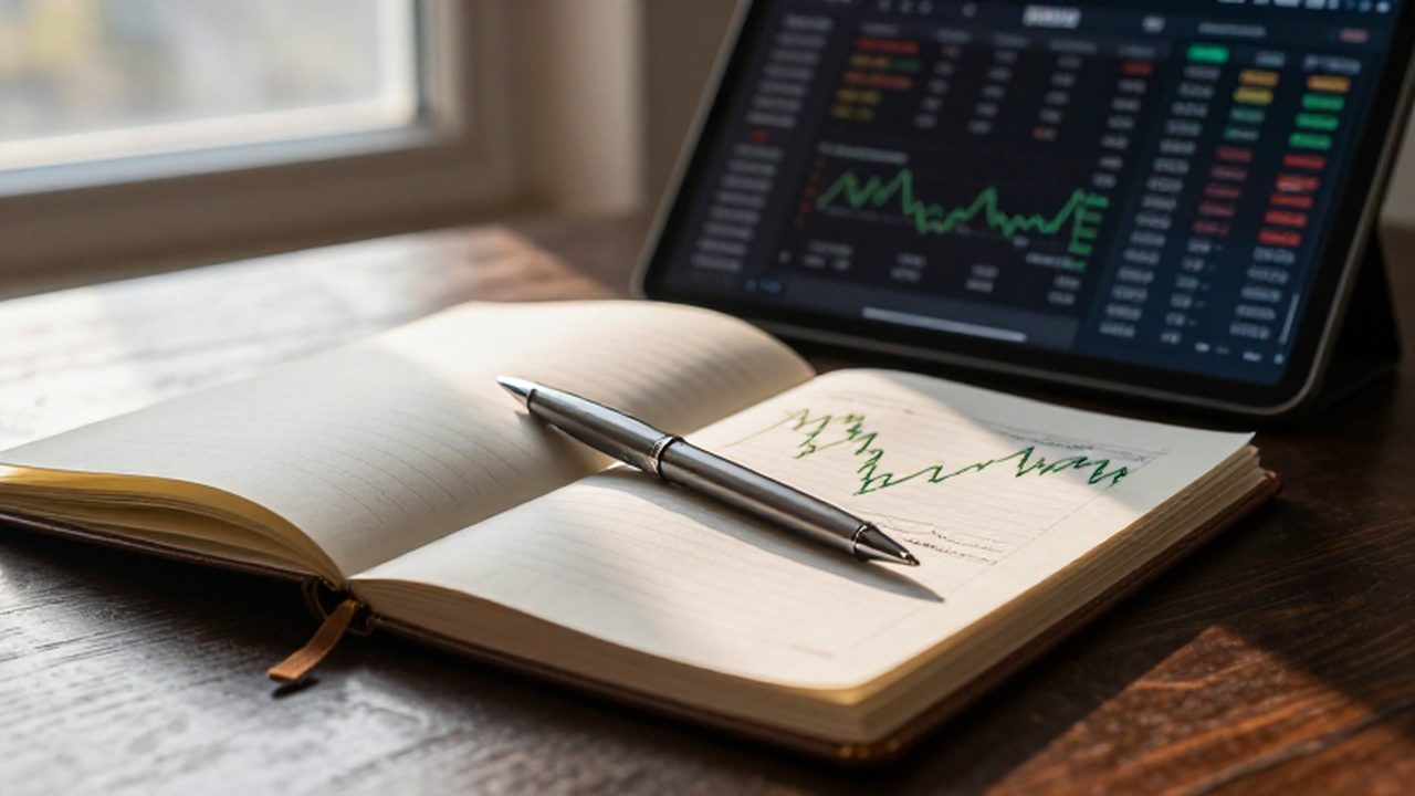 Escritorio de un inversor con un cuaderno de cuero, bolígrafo y gráficos financieros sobre una tableta.
