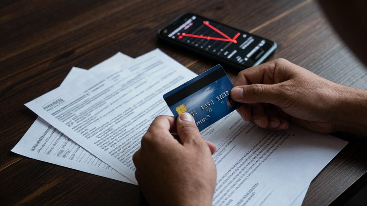 Manos tensas sujetando una tarjeta de crédito sobre una montaña de facturas impagadas.