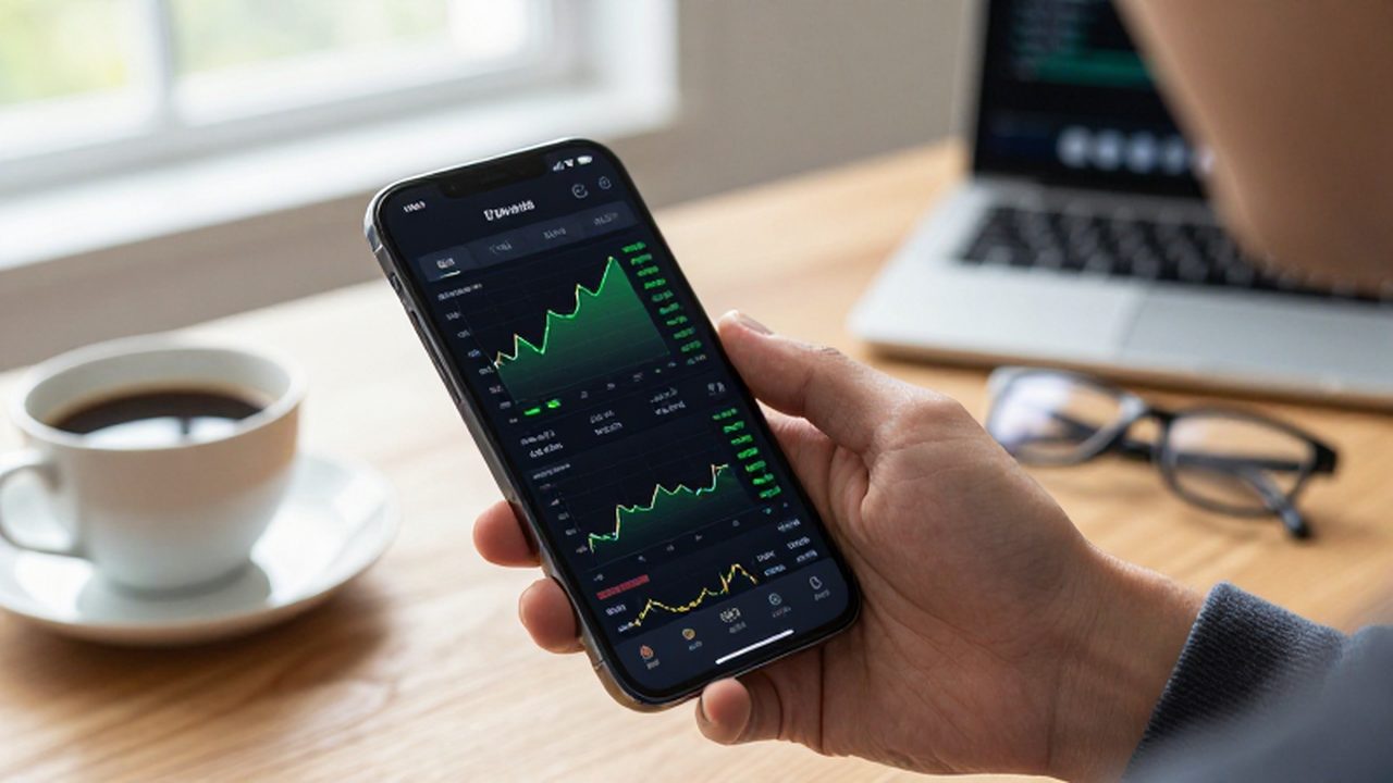 Persona sosteniendo un smartphone con gráficos de mercado de bonos en una oficina luminosa.