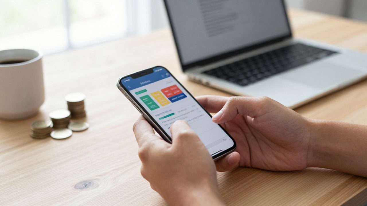 Manos utilizando un smartphone para gestionar suscripciones financieras sobre un escritorio organizado.