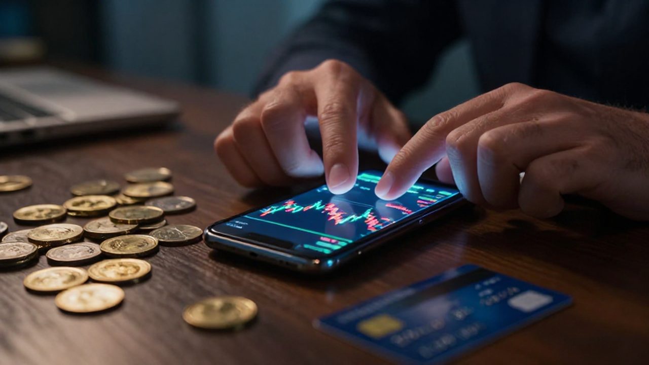 Manos de una persona sobre un móvil con gráficos de criptomonedas, monedas de oro y una tarjeta de crédito.