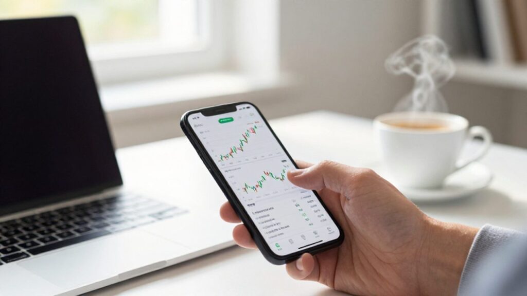 Mano sosteniendo un smartphone con gráficos de criptomonedas en una oficina luminosa y moderna.