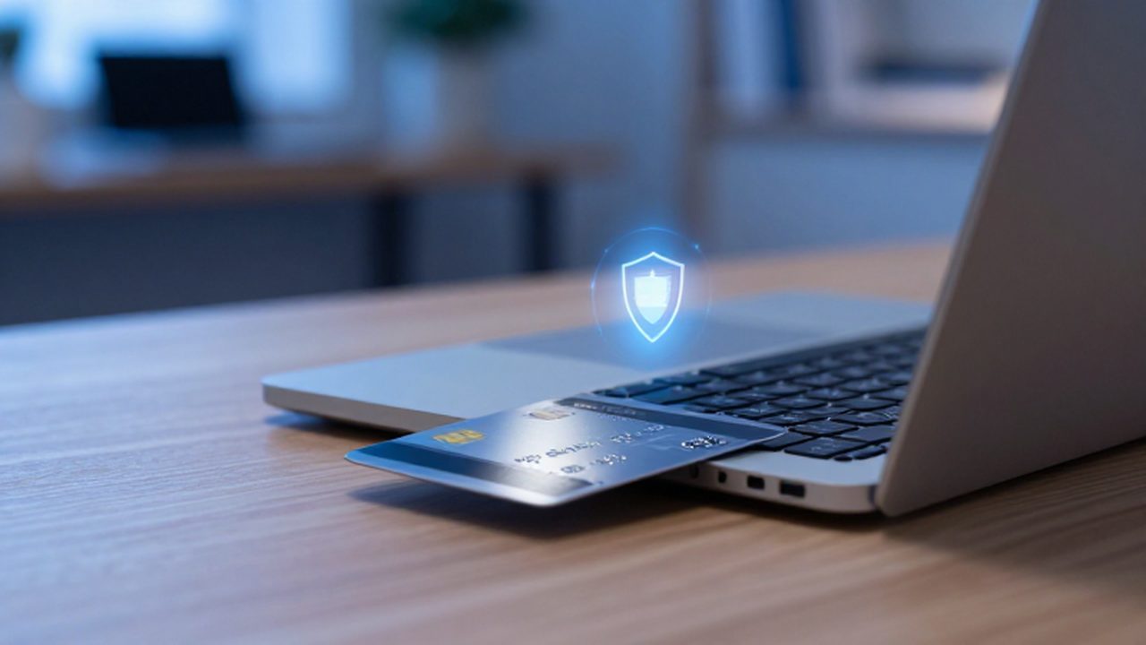 Tarjeta de crédito metálica introduciéndose en un portátil con un icono de escudo digital brillante.