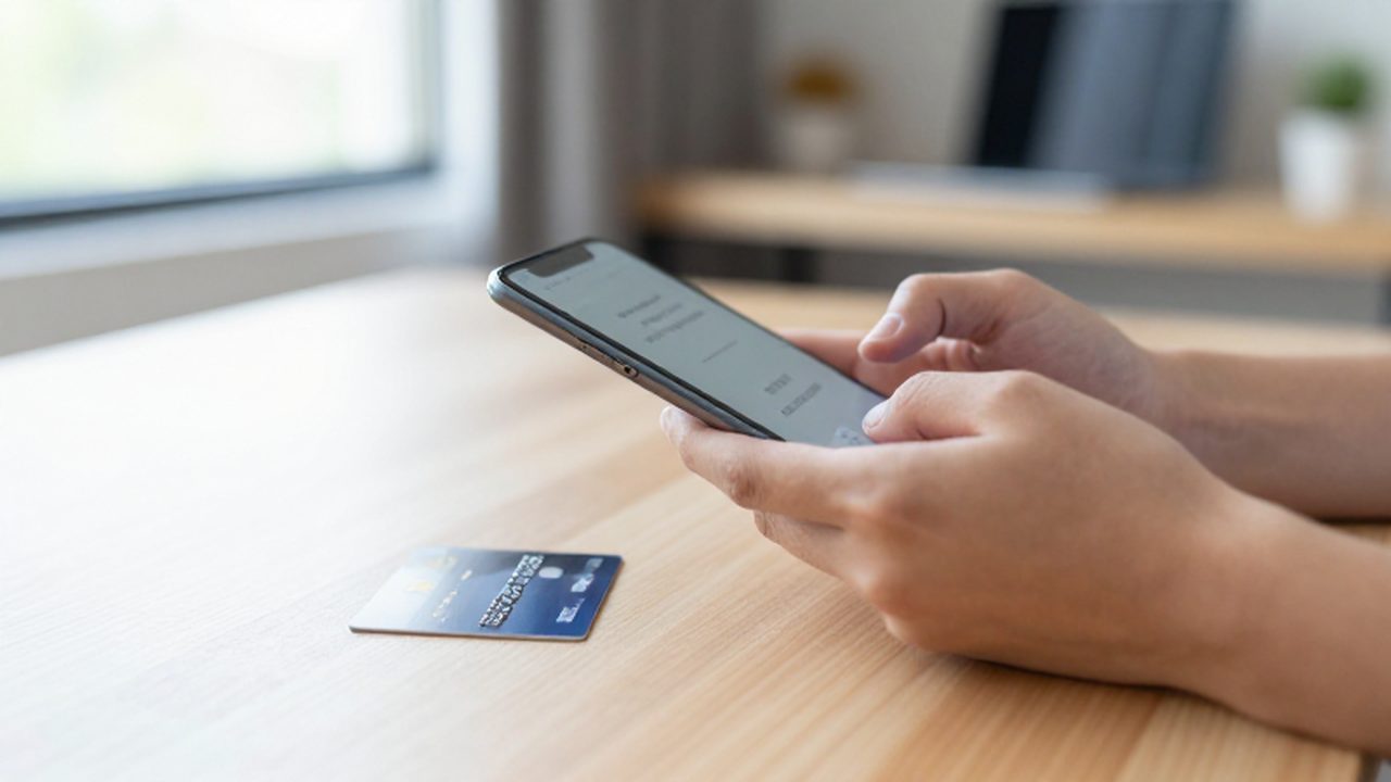 Manos usando un teléfono inteligente para realizar una compra junto a una tarjeta de crédito sobre un escritorio de madera.