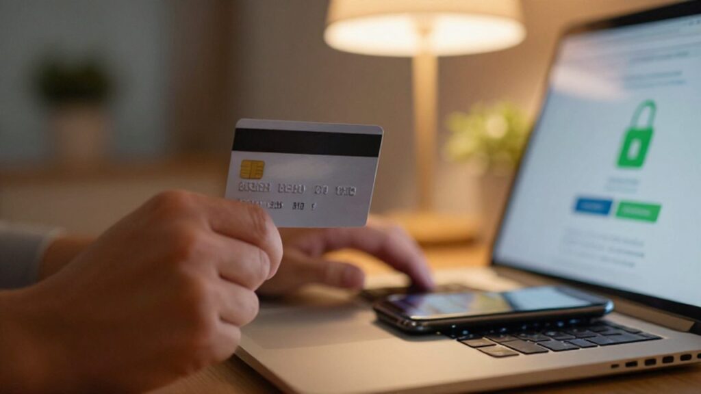 Manos sosteniendo una tarjeta de crédito mientras se realiza una compra segura en una computadora.