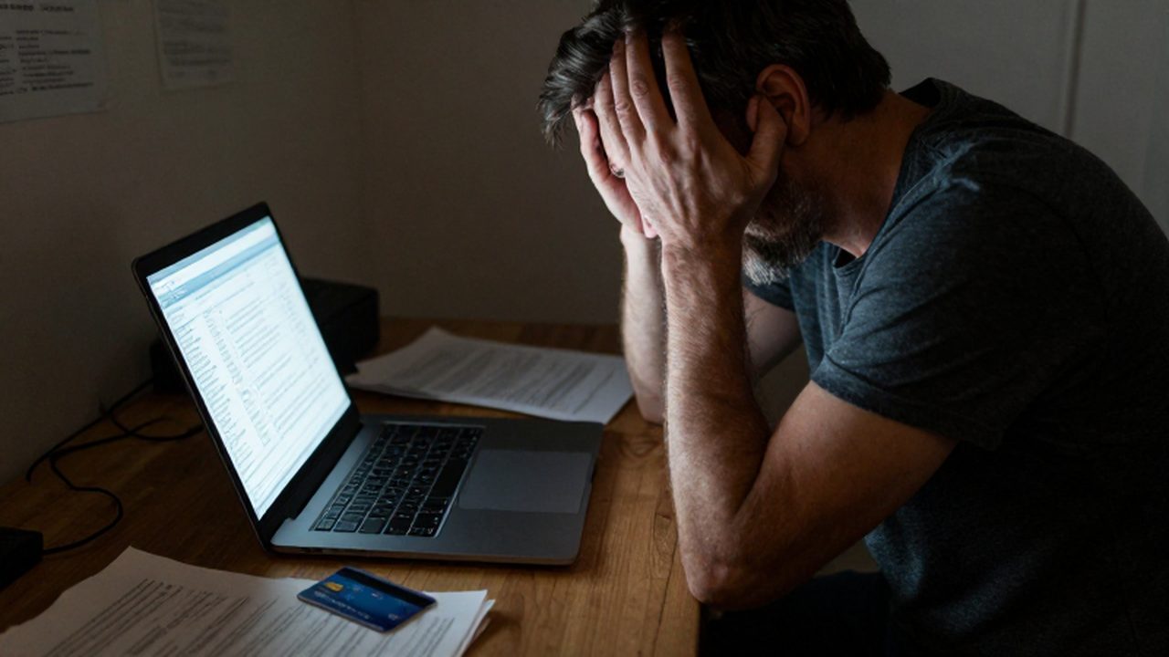 Hombre estresado frente a una computadora revisando un estado de cuenta con deudas acumuladas.