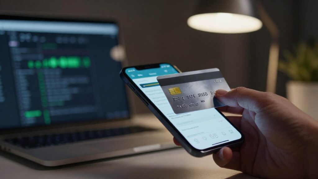 Mano sosteniendo una tarjeta de titanio sobre un móvil que muestra una barra de progreso digital.