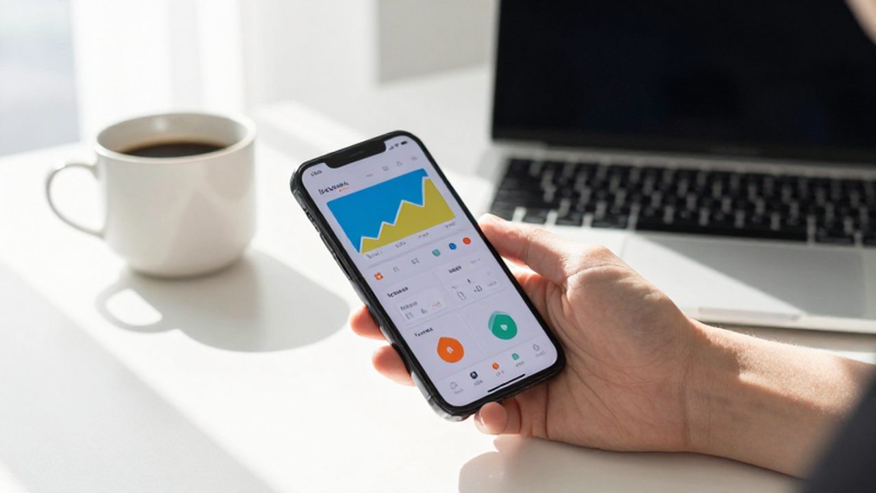 Persona sosteniendo un teléfono con un panel de finanzas frente a un escritorio luminoso.