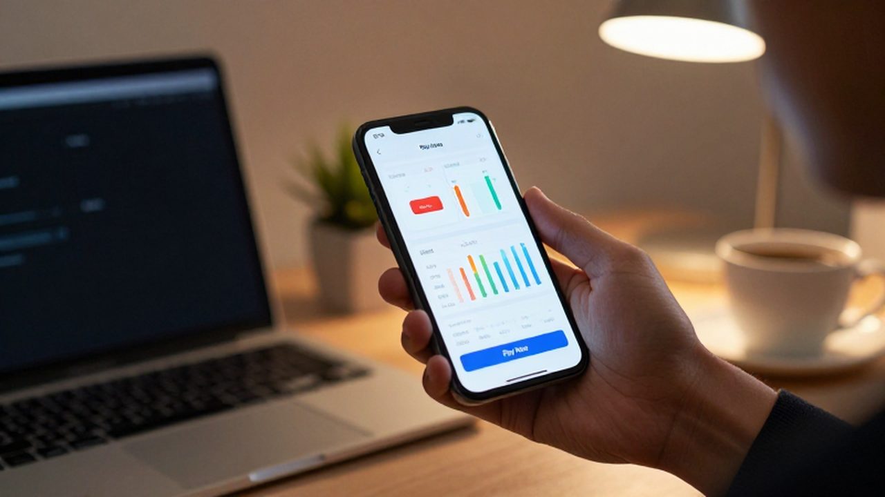 Mano sosteniendo un smartphone con un gráfico de reducción de deuda en un despacho acogedor.