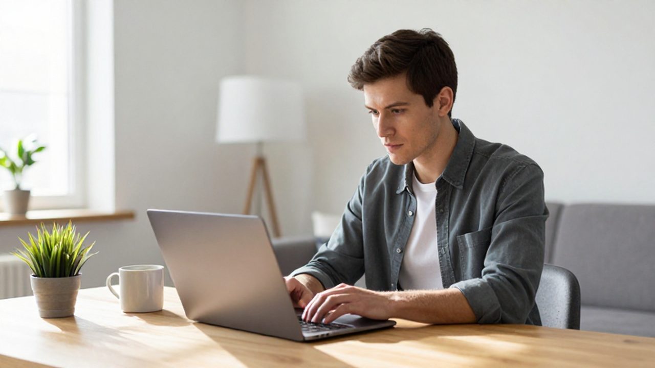 Joven profesional trabajando concentrado con un portátil en un escritorio luminoso y ordenado.