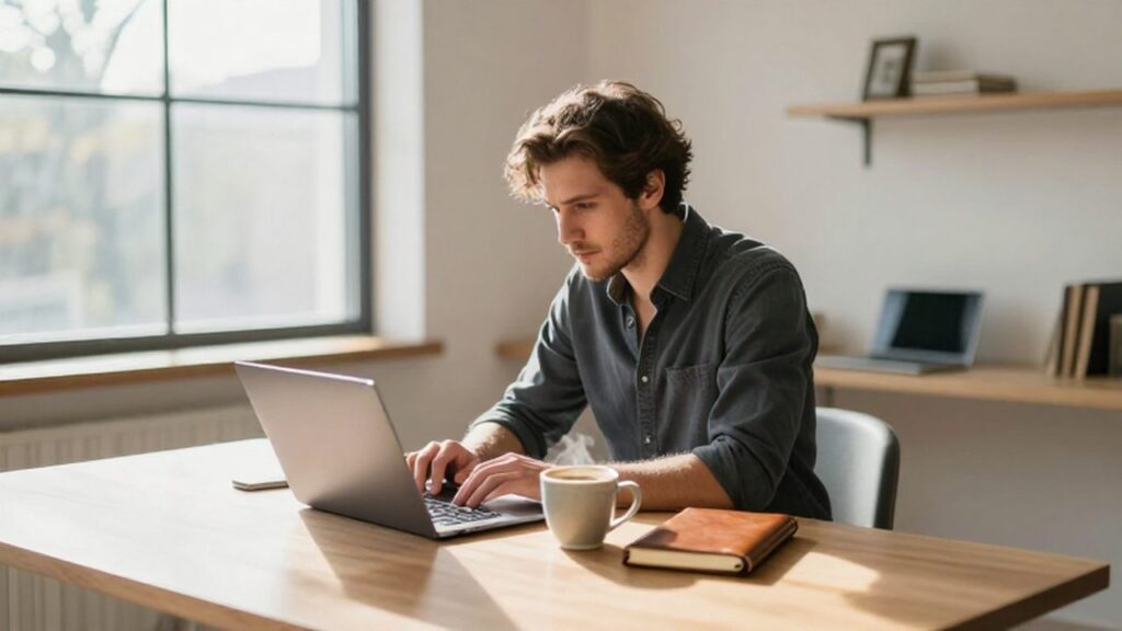 Freelancer trabajando concentrado con su portátil en un escritorio de madera iluminado por el sol.
