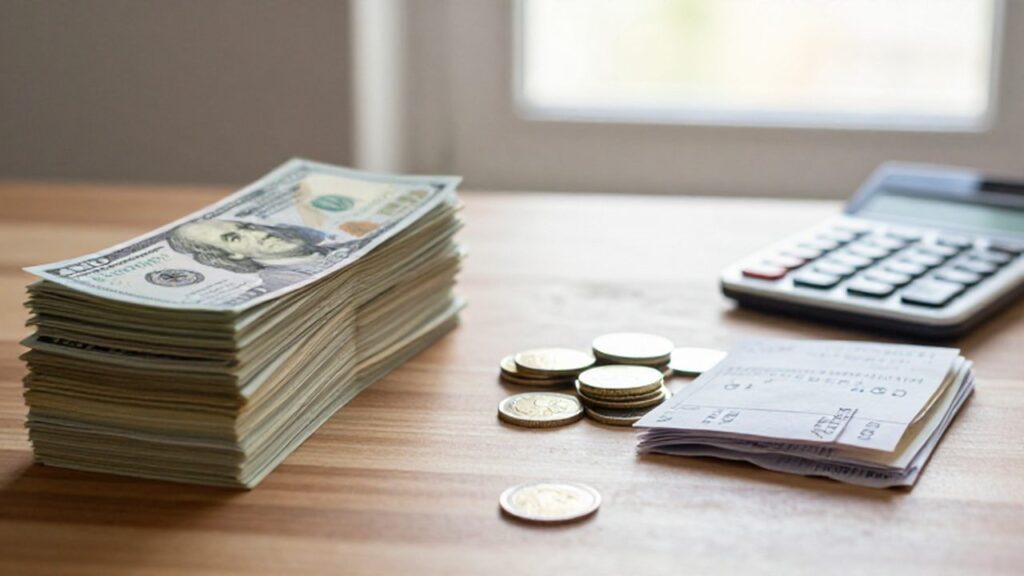Escritorio de madera dividido con un fajo de billetes de cien dólares y una pequeña pila de monedas.