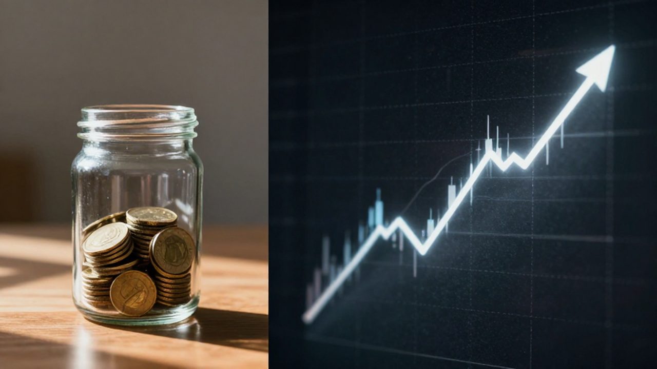 Comparación entre un frasco con monedas de oro sobre madera y un gráfico financiero ascendente.