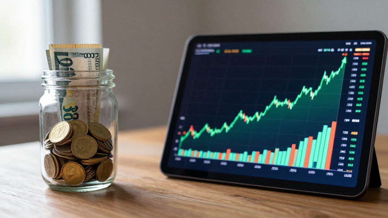 Un frasco con monedas y billetes junto a una tableta que muestra gráficas de bolsa ascendentes.