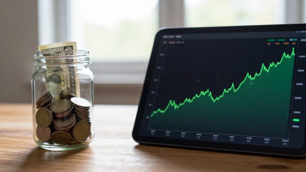 Comparación entre un frasco con ahorros en efectivo y una tableta con gráficas de inversión.