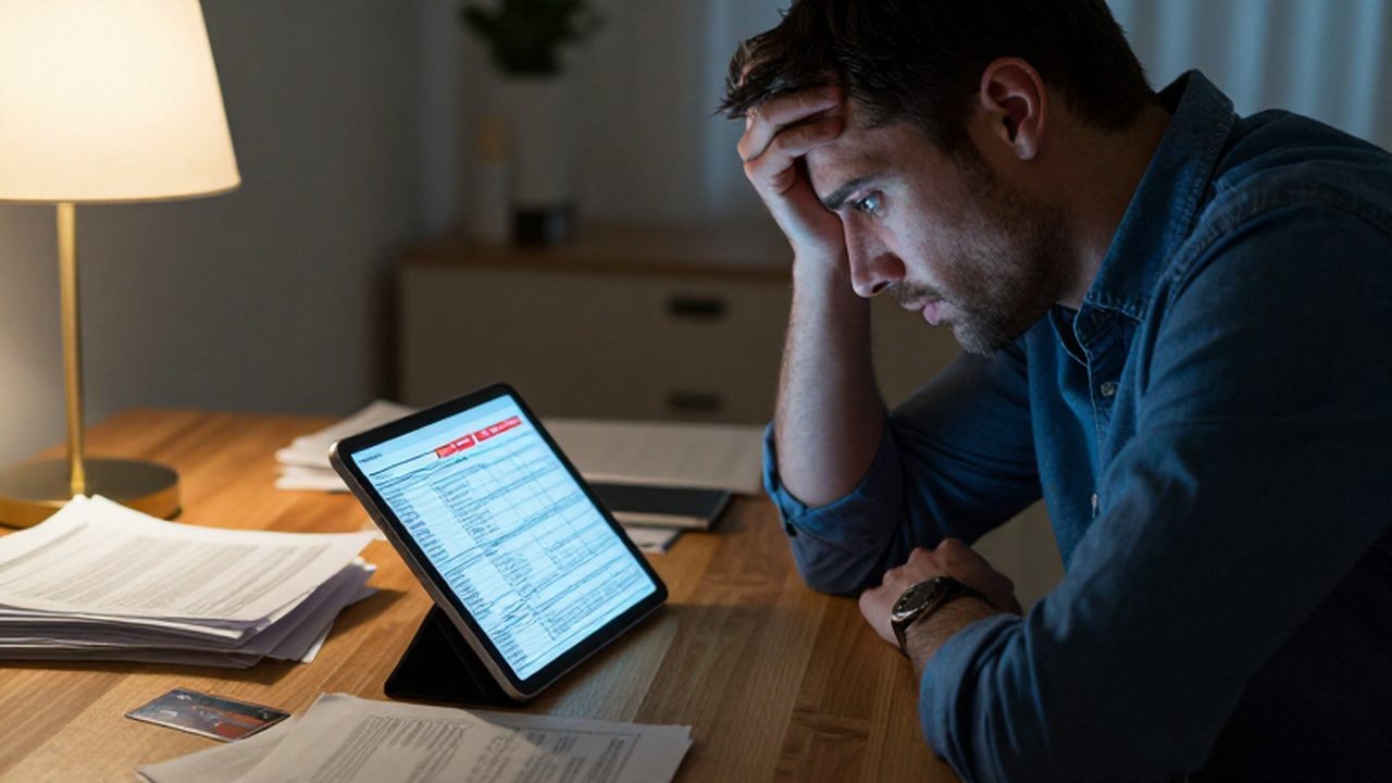 Hombre estresado frente a una tablet con formularios de impuestos y documentos bancarios desordenados.