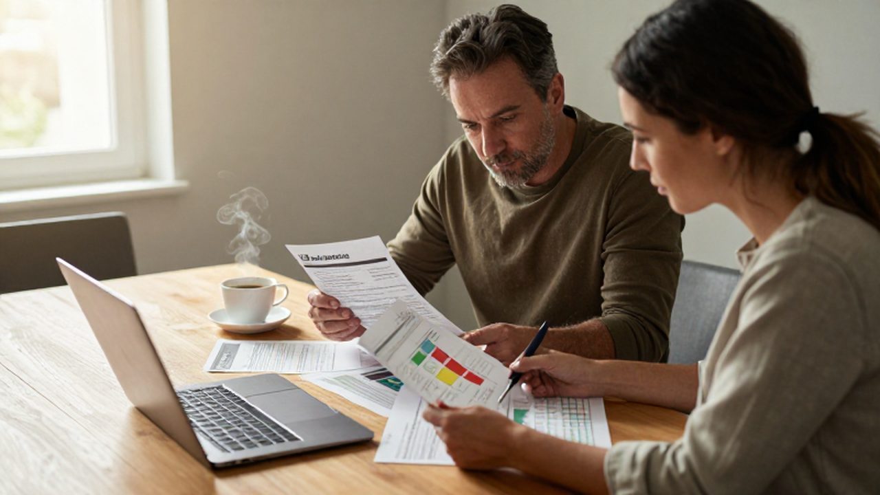 Pareja de mediana edad revisando documentos de seguros y tablas comparativas en una mesa de comedor.