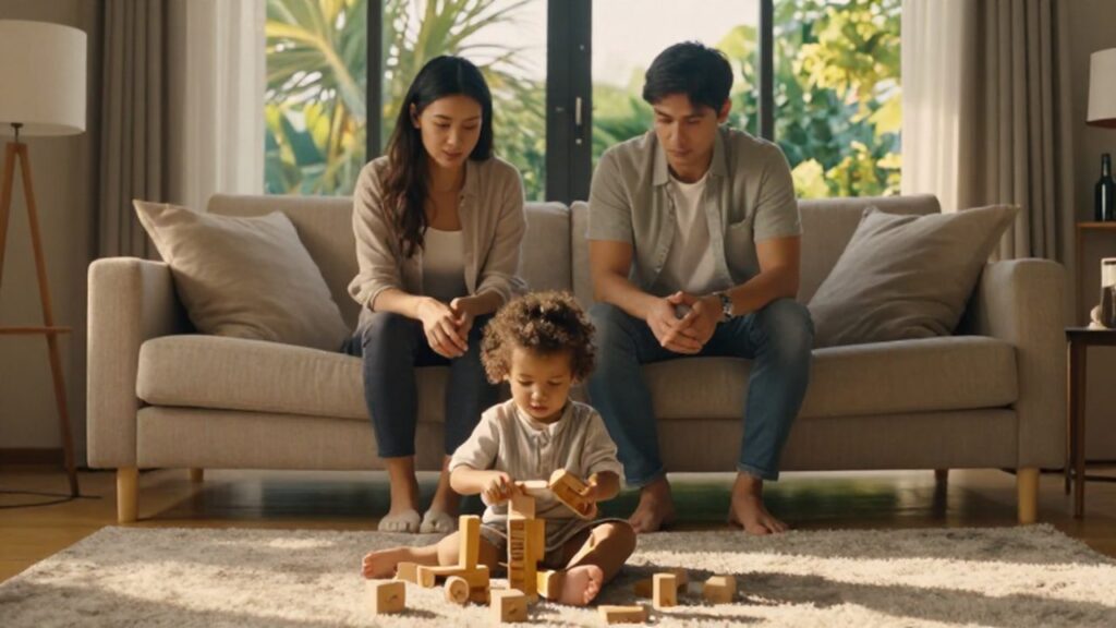 Padres sentados en un sofá observando a su hijo pequeño jugar con bloques en la sala.