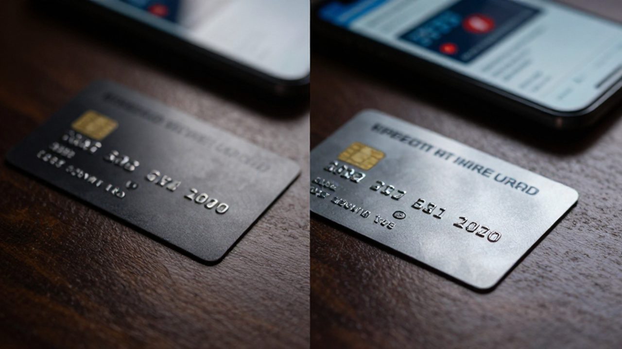 Dos tarjetas de crédito con detalles en oro y plata junto a un smartphone con una alerta bancaria.