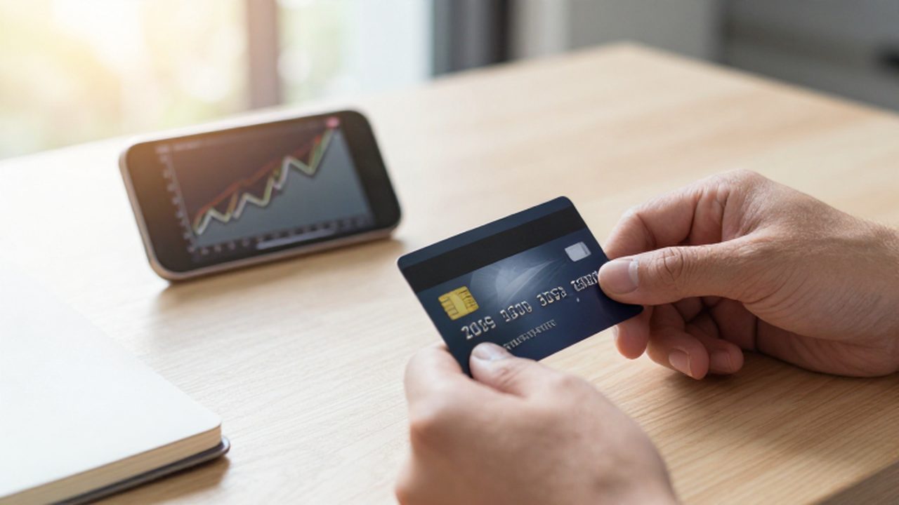 Manos sosteniendo una tarjeta de crédito premium sobre un escritorio con un smartphone al fondo.