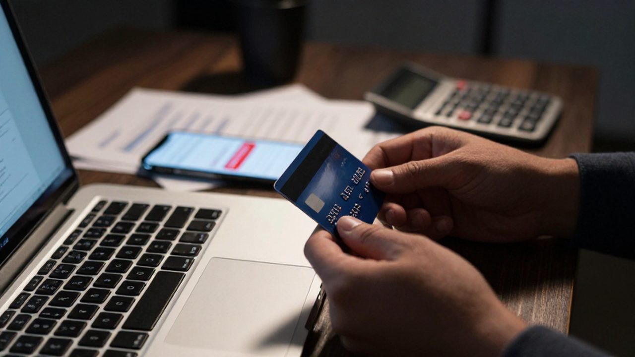 Manos sujetando una tarjeta de crédito sobre un portátil junto a un móvil con una alerta financiera.