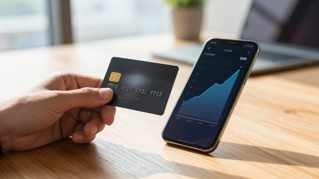Manos sosteniendo una tarjeta de crédito negra junto a un smartphone con una gráfica financiera ascendente.