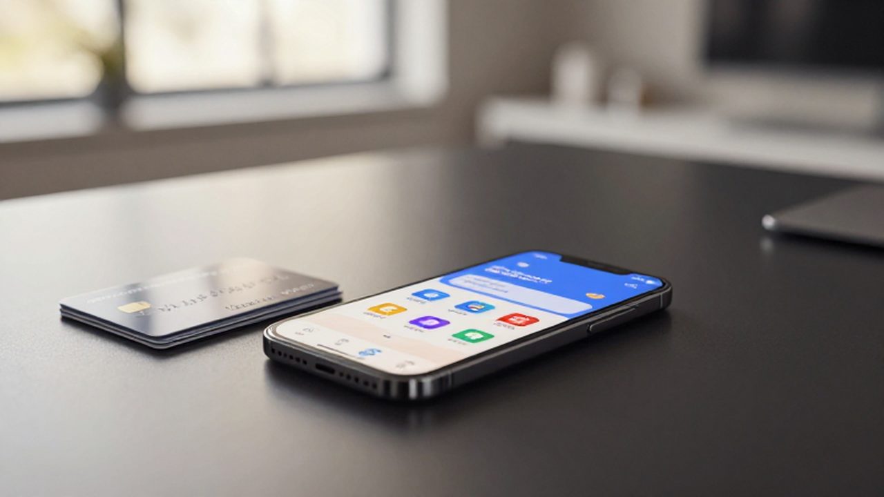 Smartphone con una aplicación bancaria abierta sobre un escritorio junto a varias tarjetas de crédito.