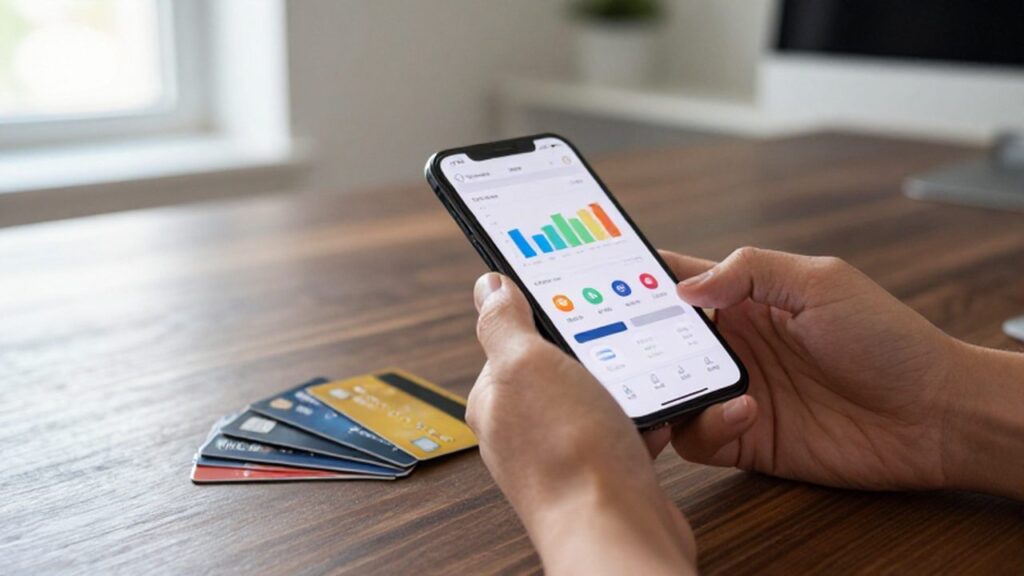Manos sosteniendo un smartphone con una aplicación de finanzas junto a varias tarjetas de crédito.
