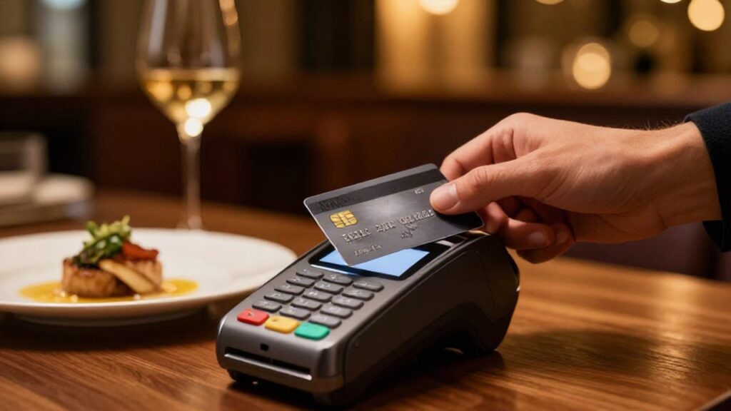 Mano de una persona apoyando una tarjeta de crédito en un terminal de pago en un restaurante elegante.