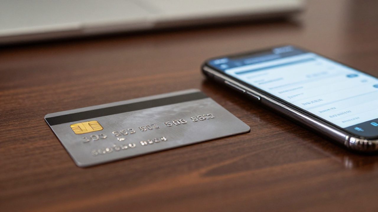 Tarjeta de crédito metálica junto a un smartphone con una aplicación bancaria sobre un escritorio de madera.