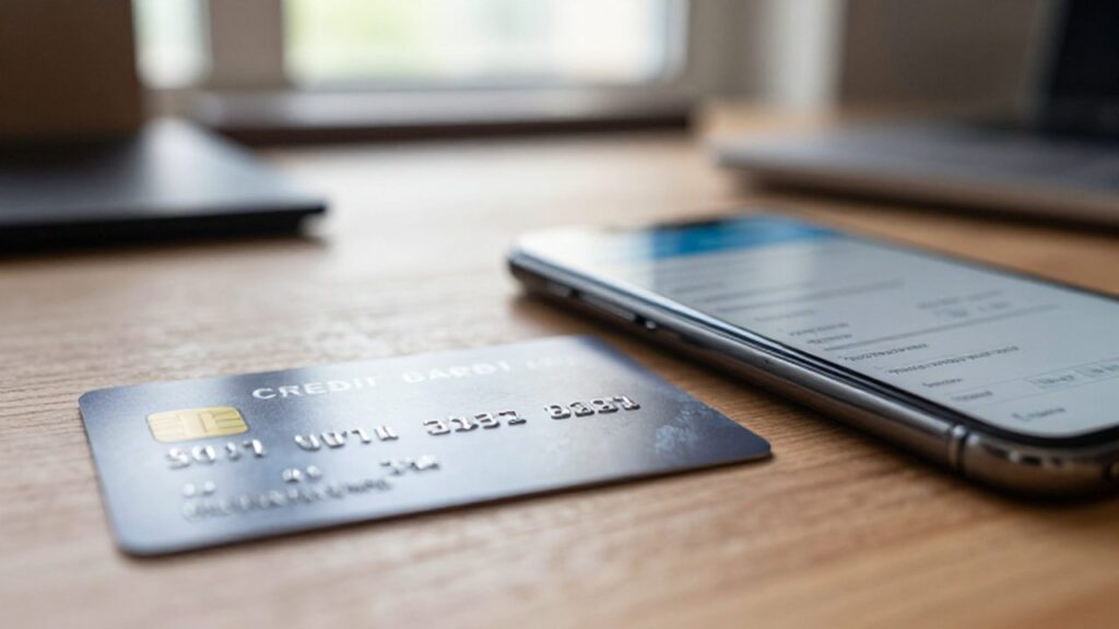Tarjeta de crédito premium junto a un teléfono móvil con una aplicación bancaria sobre un escritorio de madera.